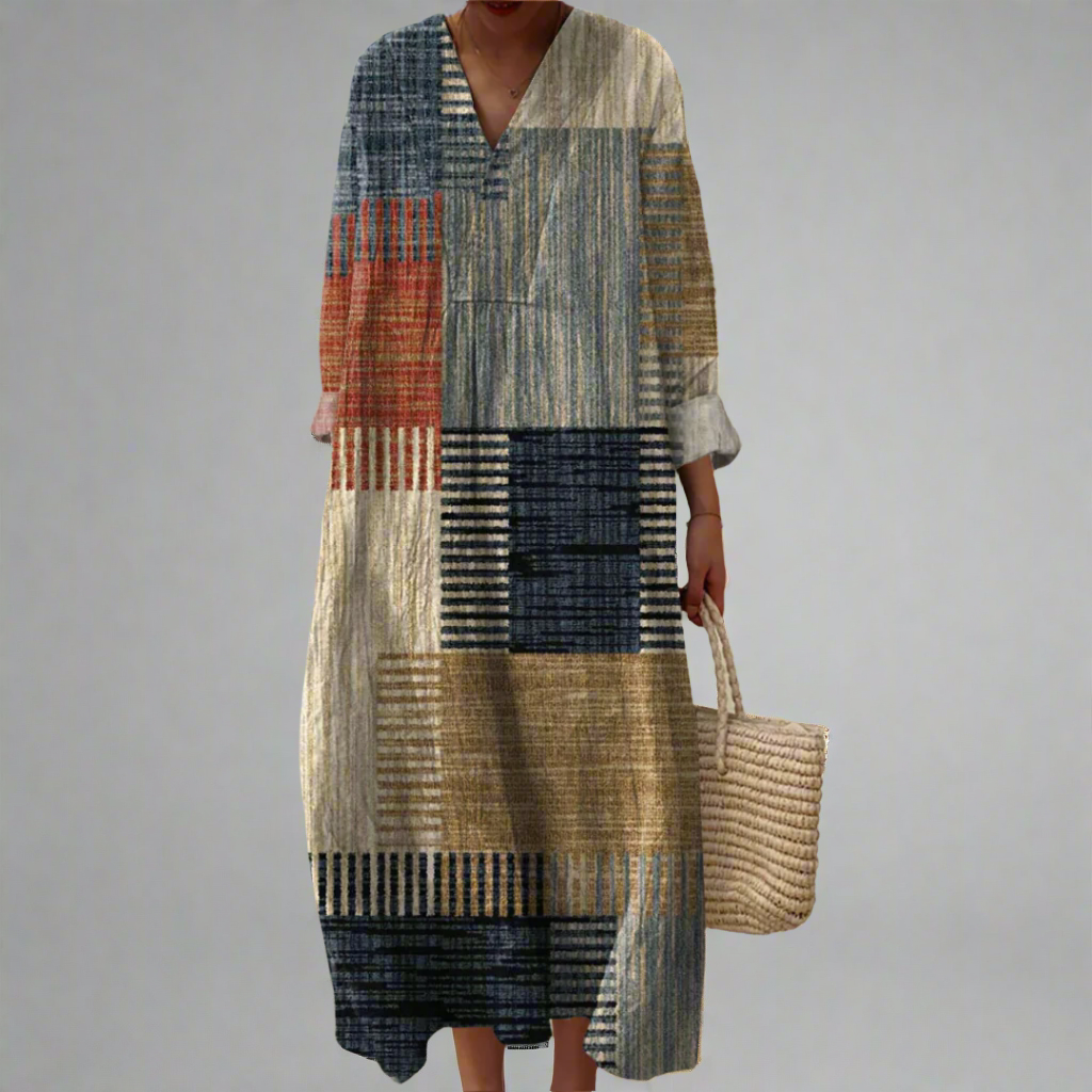 Harriet - Earth-Toned Patchwork Relaxed Maxi Dress