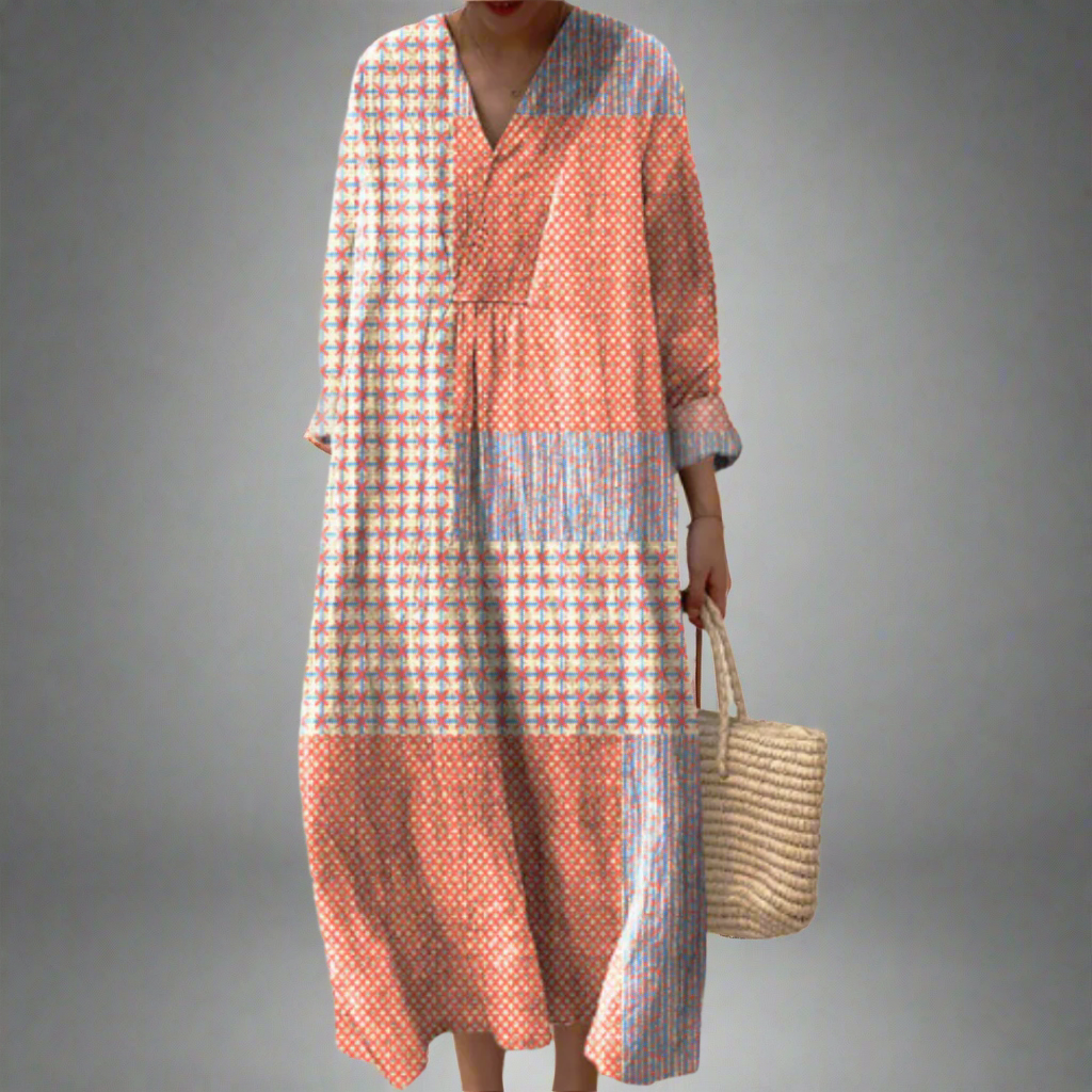 Nora - Coral Starburst Patchwork Midi Dress