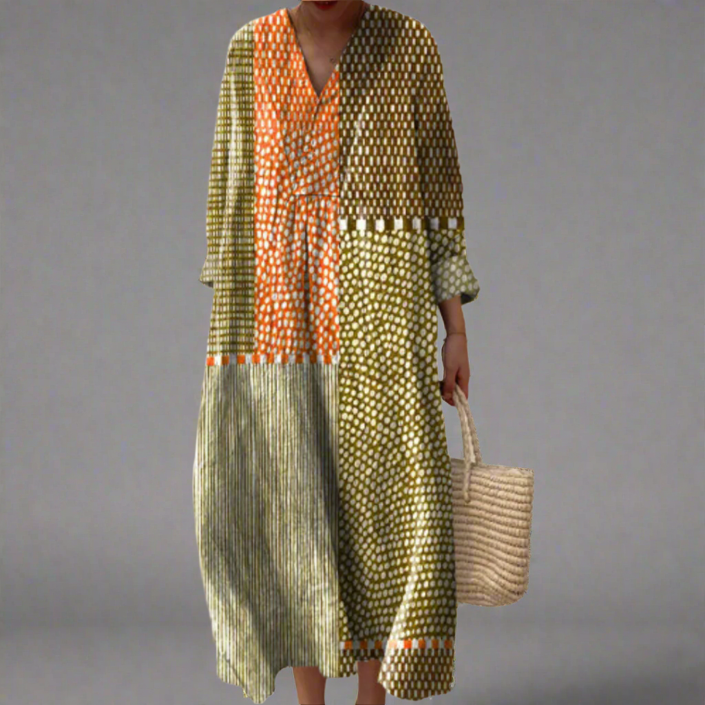Vivienne - Earthy Patchwork Dotted Midi Dress