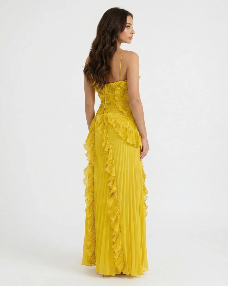 Back view yellow ruffle maxi dress with spaghetti straps, zip back bodice and pleated full-length skirt