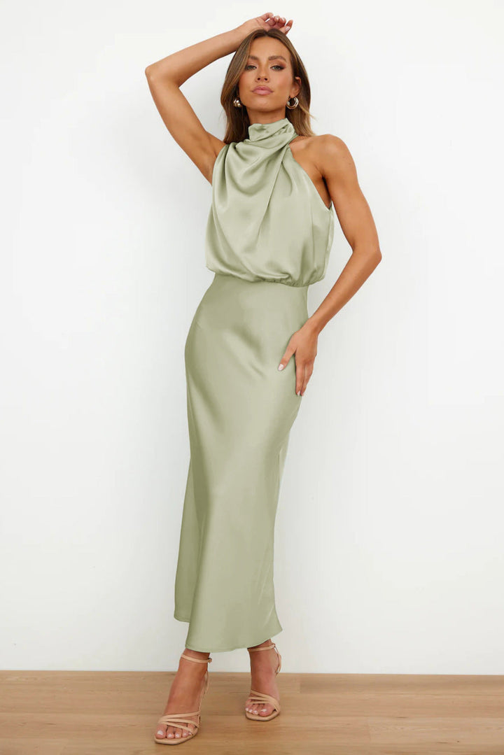 Carlina - Long satin dress with halter neckline