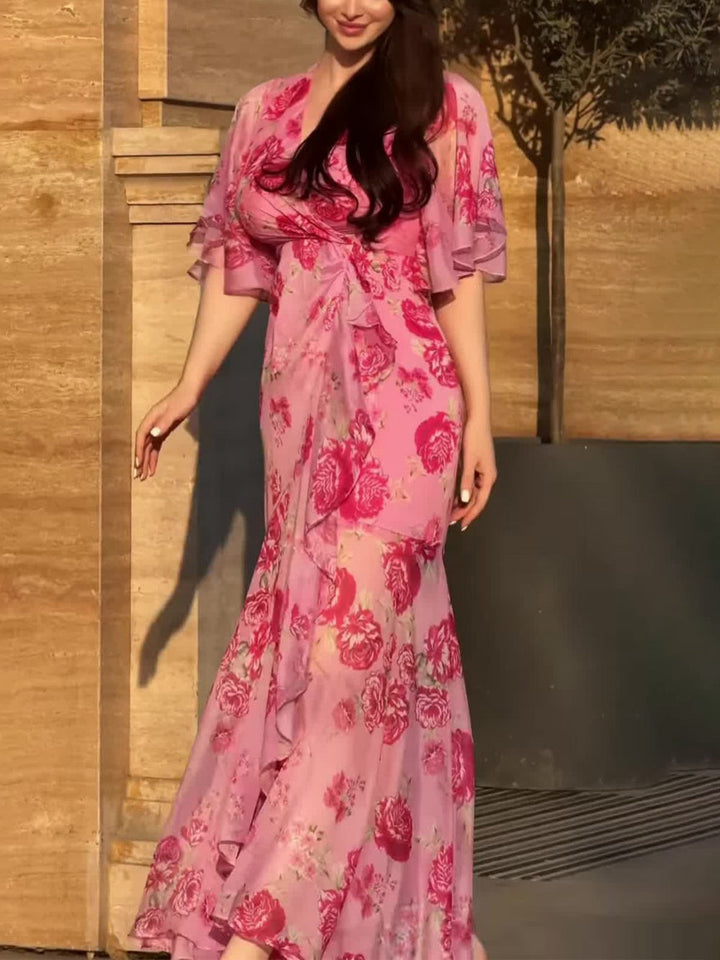 GALILEA – CHIC V-NECK DRESS WITH ARTISTIC PRINTS