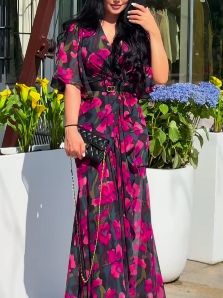 GALILEA – CHIC V-NECK DRESS WITH ARTISTIC PRINTS