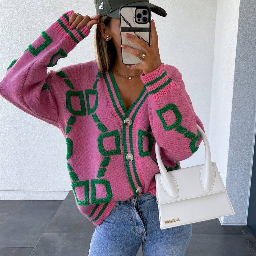 AURISAYA – V-NECK CASUAL COLOR CONTRAST KNIT CARDIGAN