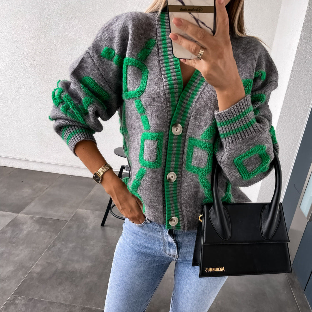AURISAYA – V-NECK CASUAL COLOR CONTRAST KNIT CARDIGAN