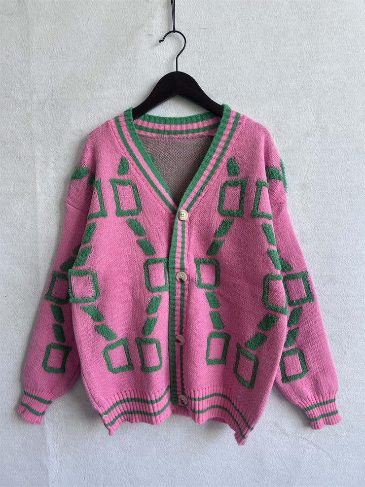 AURISAYA – V-NECK CASUAL COLOR CONTRAST KNIT CARDIGAN