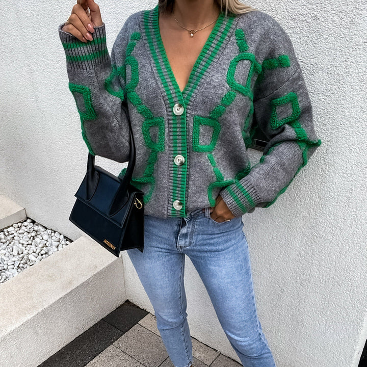 AURISAYA – V-NECK CASUAL COLOR CONTRAST KNIT CARDIGAN