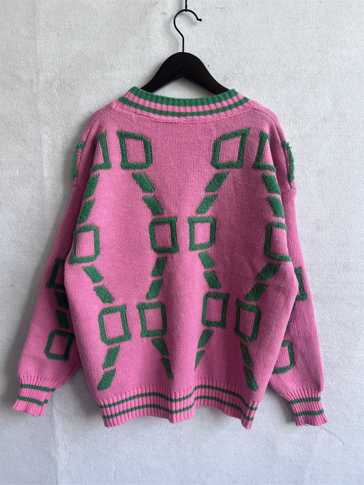 AURISAYA – V-NECK CASUAL COLOR CONTRAST KNIT CARDIGAN