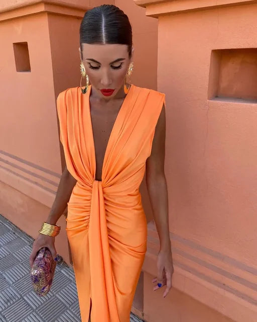 ZEYTHANA – SUNSET RUCHED V-NECK DRESS