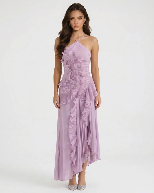 Purple pleated ruffle maxi dress with halter neckline and cascading tiered front detail