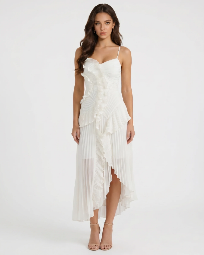 White ruffle maxi dress with spaghetti straps, sweetheart bodice and pleated high-low skirt