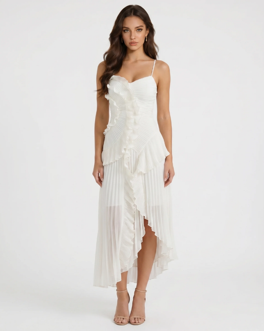 White ruffle maxi dress with spaghetti straps, sweetheart bodice and pleated high-low skirt