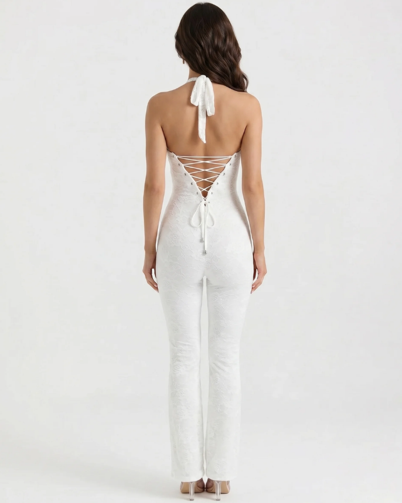 Back view of white halter corset jumpsuit with lace-up corset back and tie, full-length fitted legs