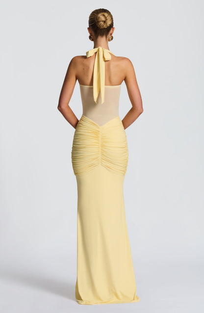 Back view of the light yellow Jayleen Ruched Maxi Dress, featuring a tie-back halter and ruched detailing.