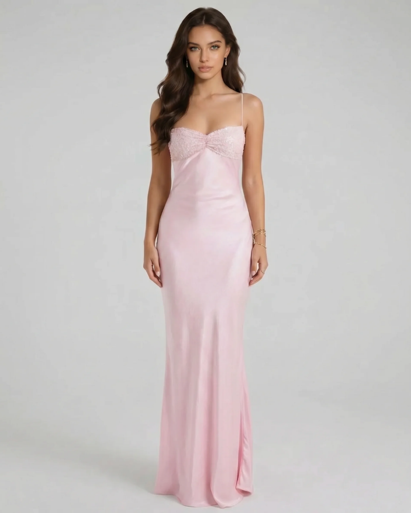 Pink sequin maxi dress with spaghetti straps and sweetheart neckline, full-length front view