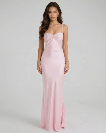 Pink sequin maxi dress with spaghetti straps and sweetheart neckline, full-length front view
