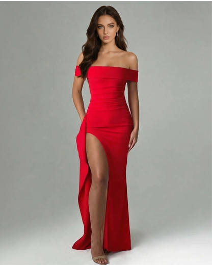 Red off-shoulder ruched maxi dress with fitted bodice and thigh-high slit, front view