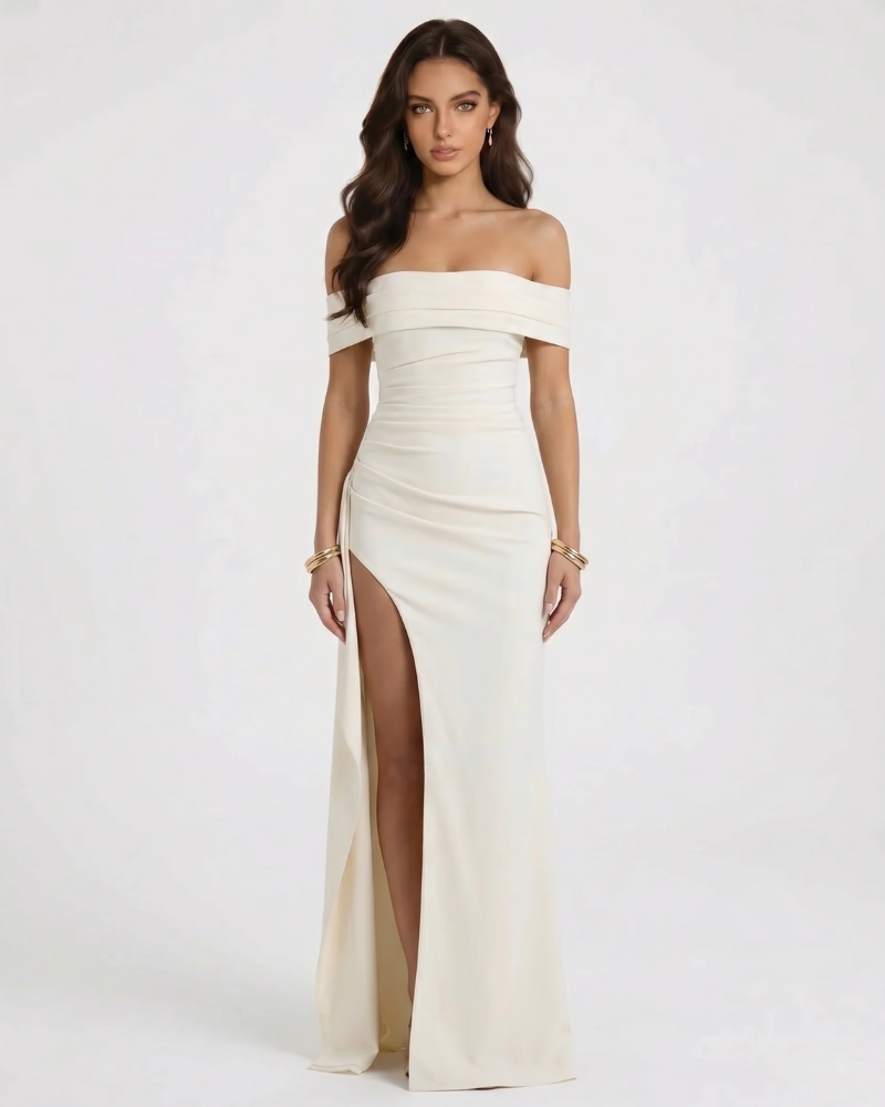 White ruched off-shoulder maxi dress with foldover neckline and high thigh slit, front view