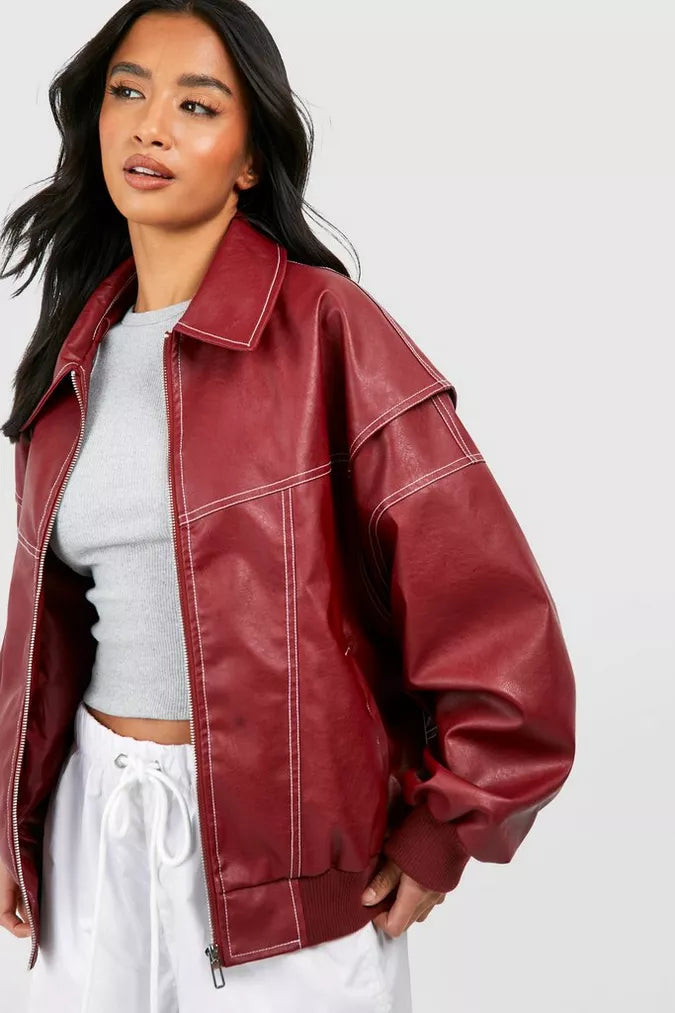 Faye Red Leather Bomber Jacket