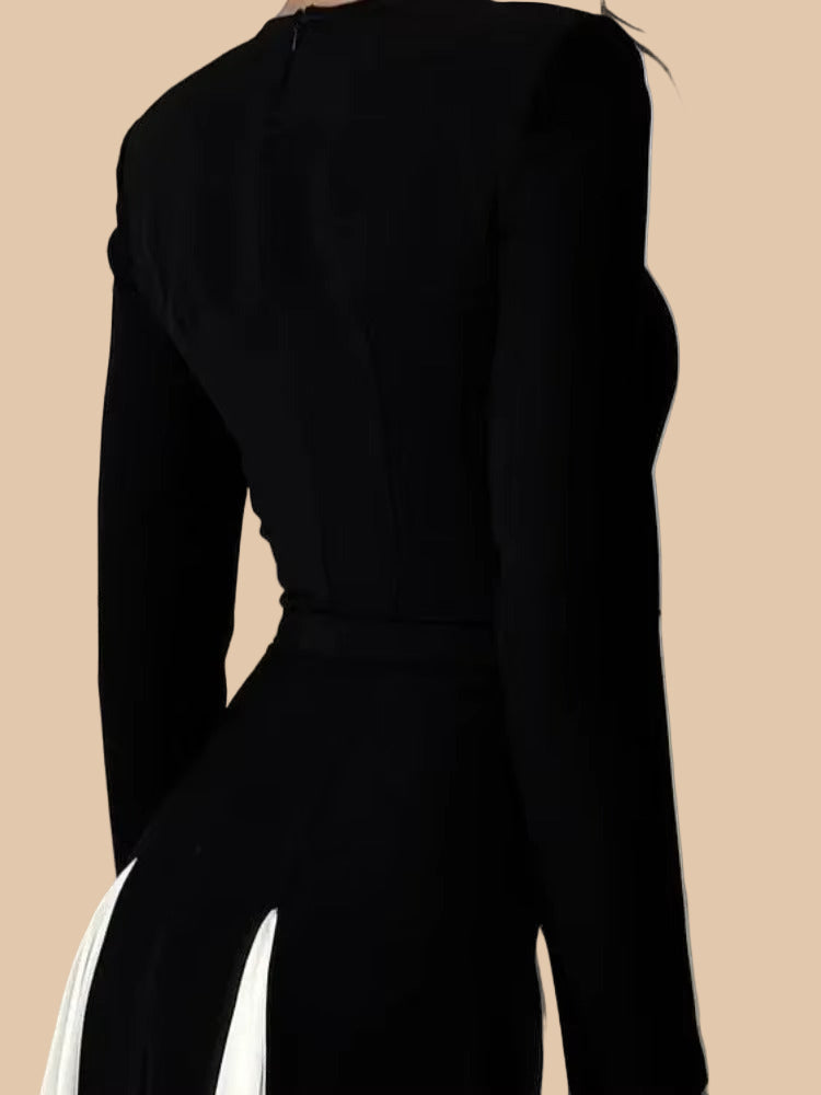 Close-up back view of a black long-sleeve dress with white paneled skirt, highlighting the fitted bodice.