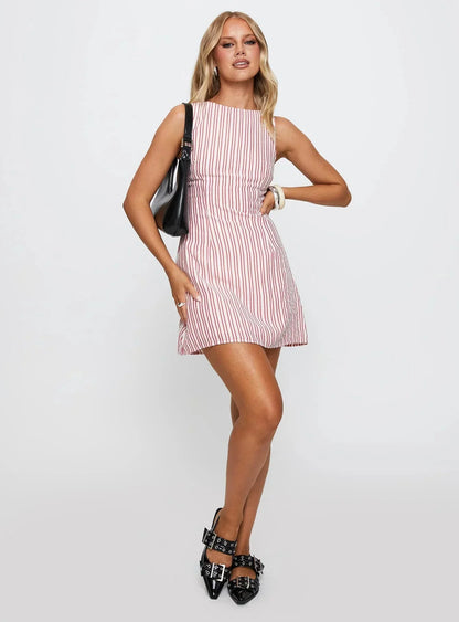 Full-length view of a sleeveless Lauren striped mini dress with red vertical stripes on a white background.