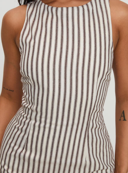 Close-up of the bodice of a sleeveless Lauren striped mini dress, showing brown vertical stripes.