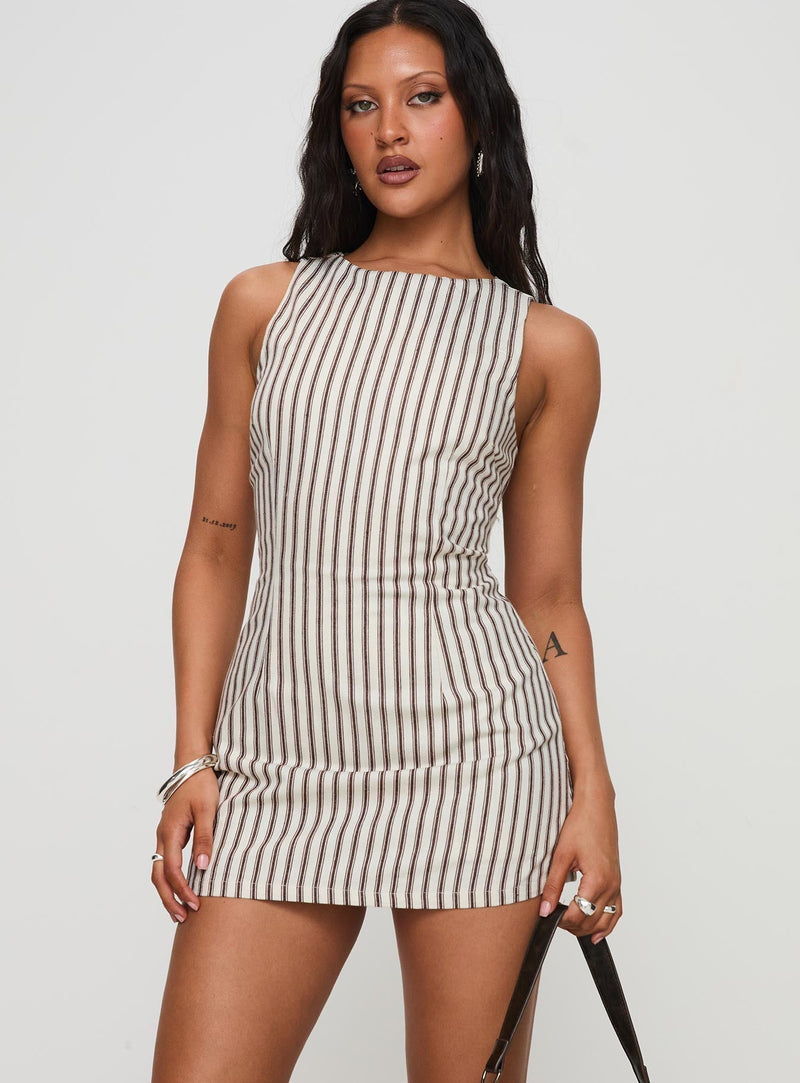 Sleeveless Lauren striped mini dress with brown vertical stripes on a white background, front view.