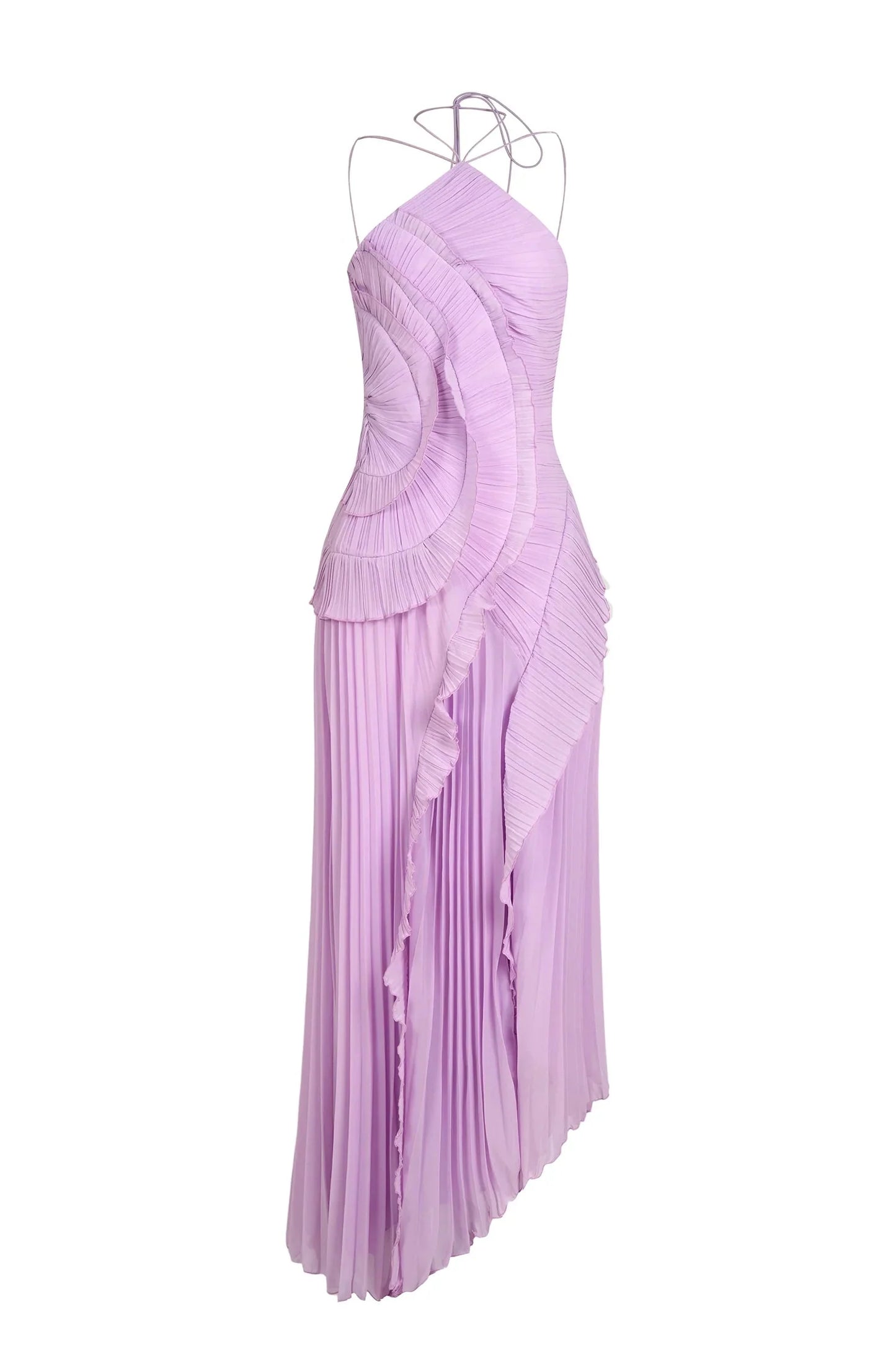 Studio shot of the Millie Ruffle Midi Dress in lilac, showcasing the full pleated skirt, asymmetric ruffles, and halter strap details on a white background.
