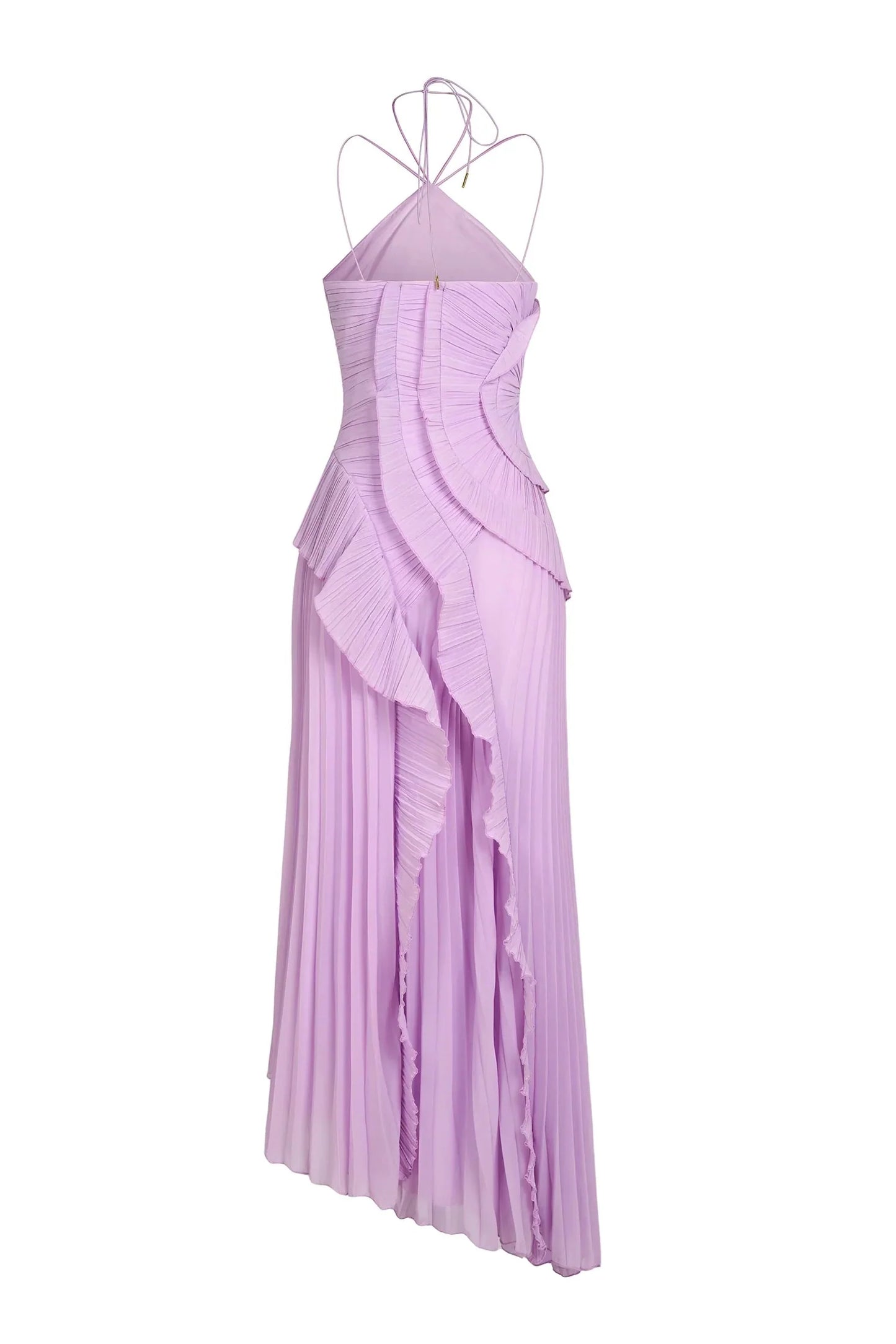 Back view of the Millie Ruffle Midi Dress in light purple, featuring a pleated skirt and ruffled bodice detail.