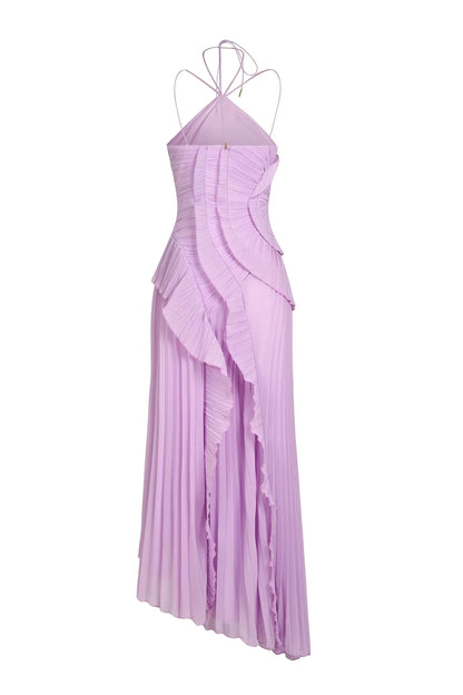 Back view of the Millie Ruffle Midi Dress in light purple, featuring a pleated skirt and ruffled bodice detail.