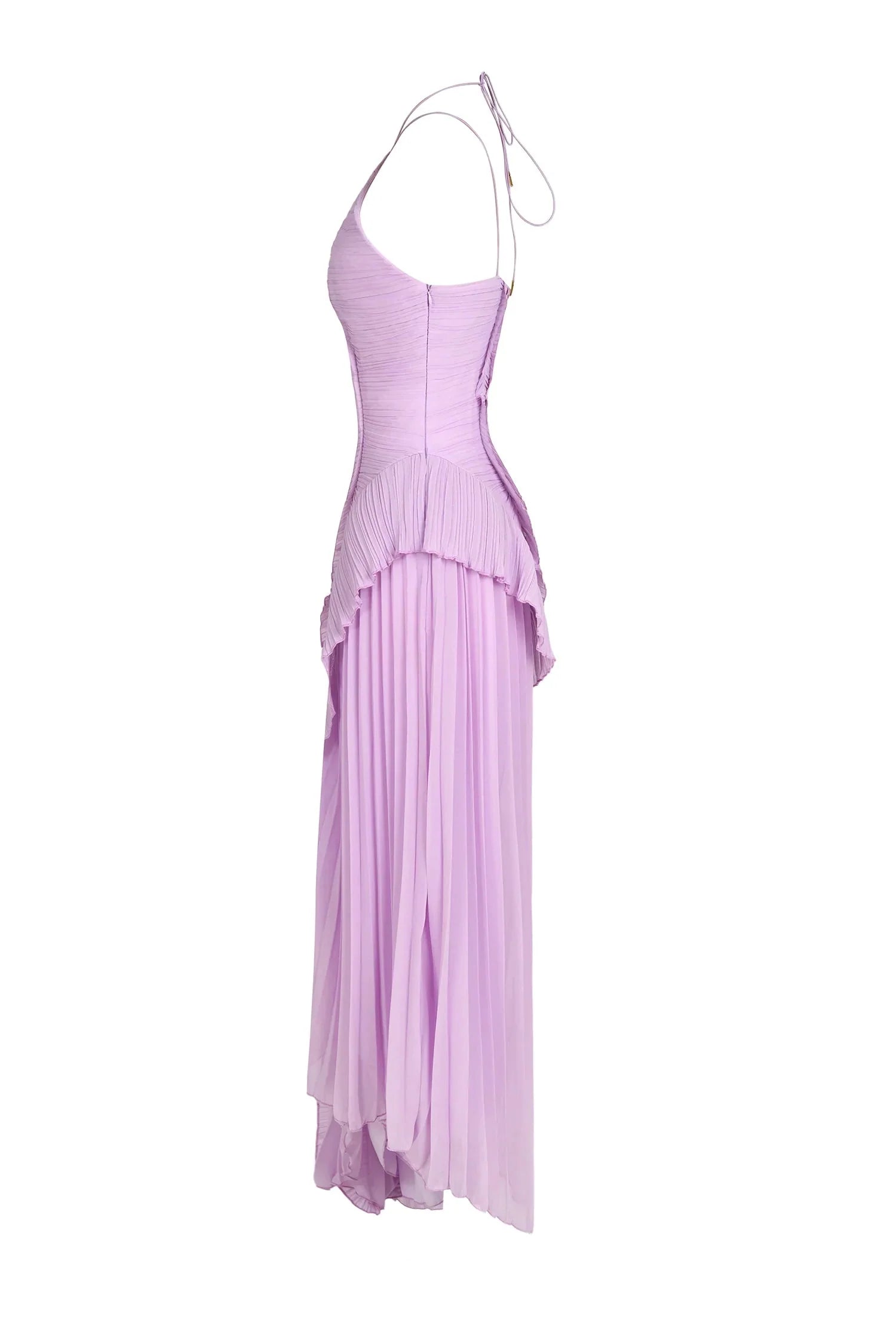 Side view of the light purple Millie Ruffle Midi Dress, showcasing the pleated skirt and ruffled halter neckline.