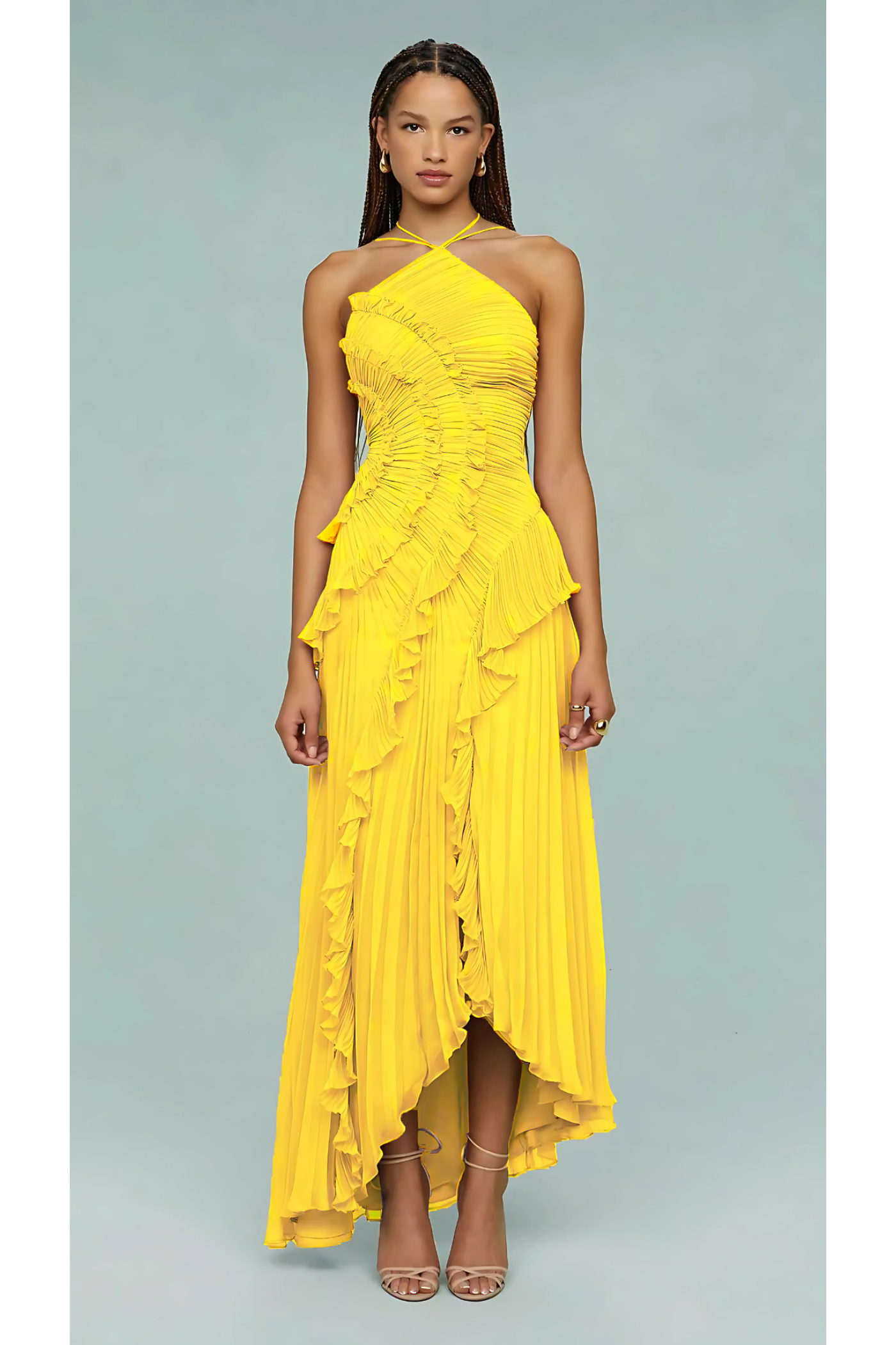 Front view of a yellow Millie Ruffle Midi Dress with a halter neckline, pleated skirt, and cascading ruffles.