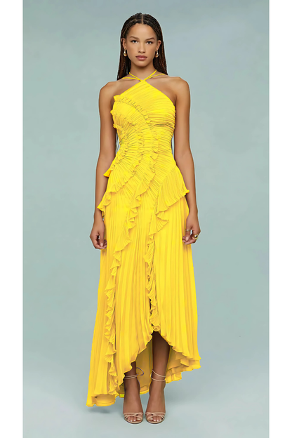 Front view of a yellow Millie Ruffle Midi Dress with a halter neckline, pleated skirt, and cascading ruffles.