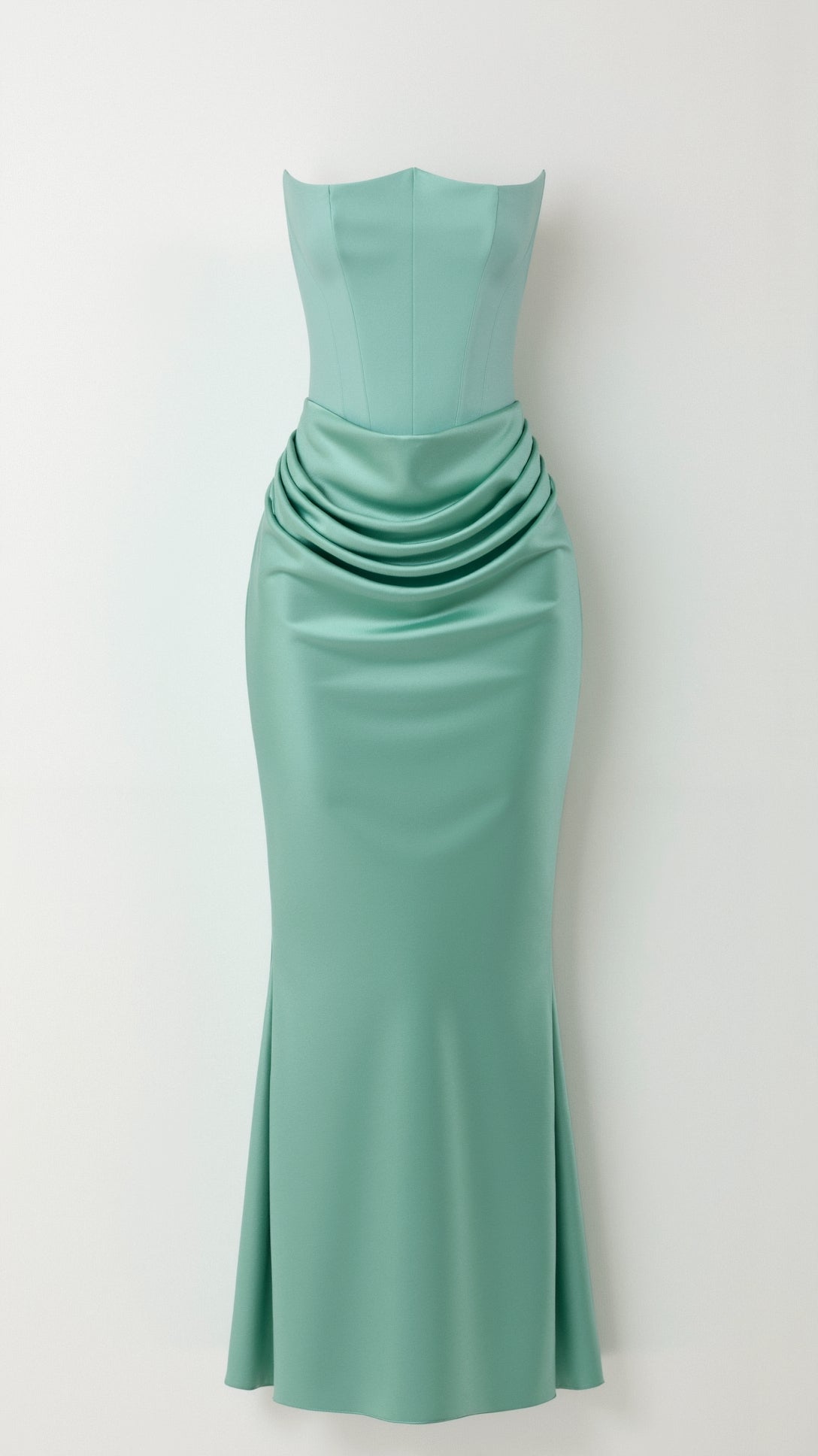 Seafoam green strapless maxi dress with a structured bodice and intricate draping detail at the waist, offering a luxurious feel.