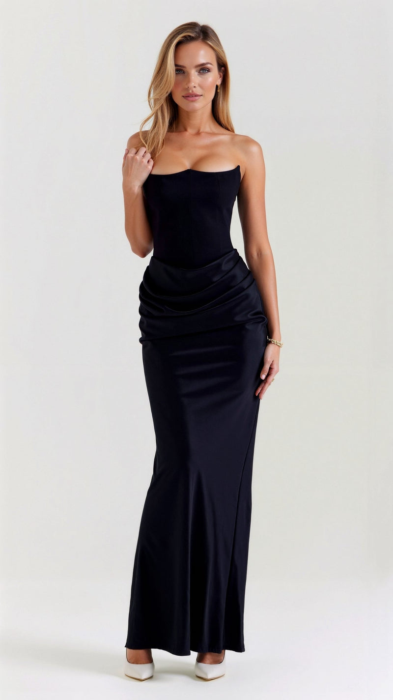 Elegant black Samira Draped Maxi Dress, strapless with a fitted bodice and a flowing draped skirt, perfect for formal events.