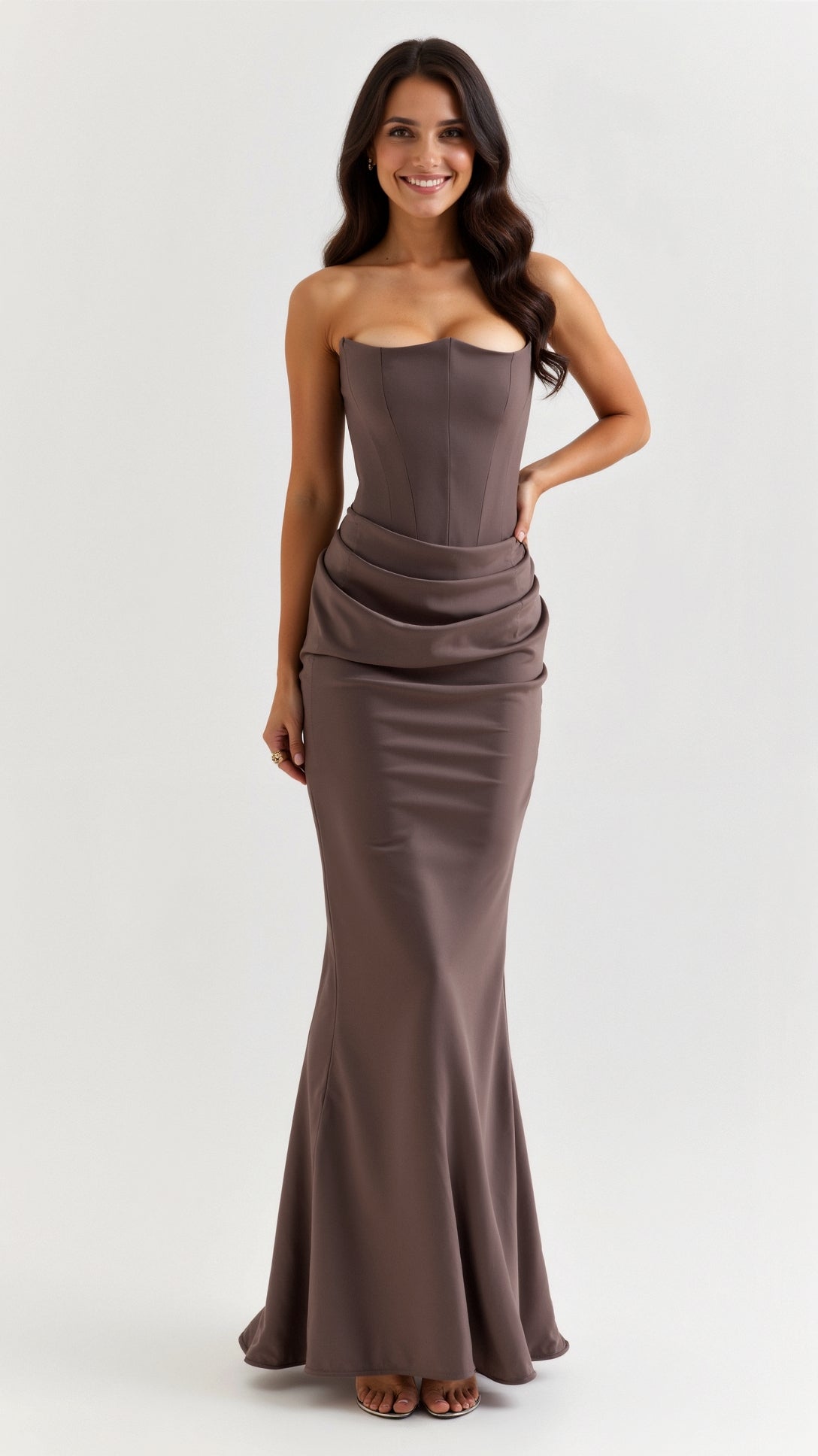 Brown Samira Draped Maxi Dress, strapless with a structured corset top and a gracefully draped waistline leading to a long skirt.