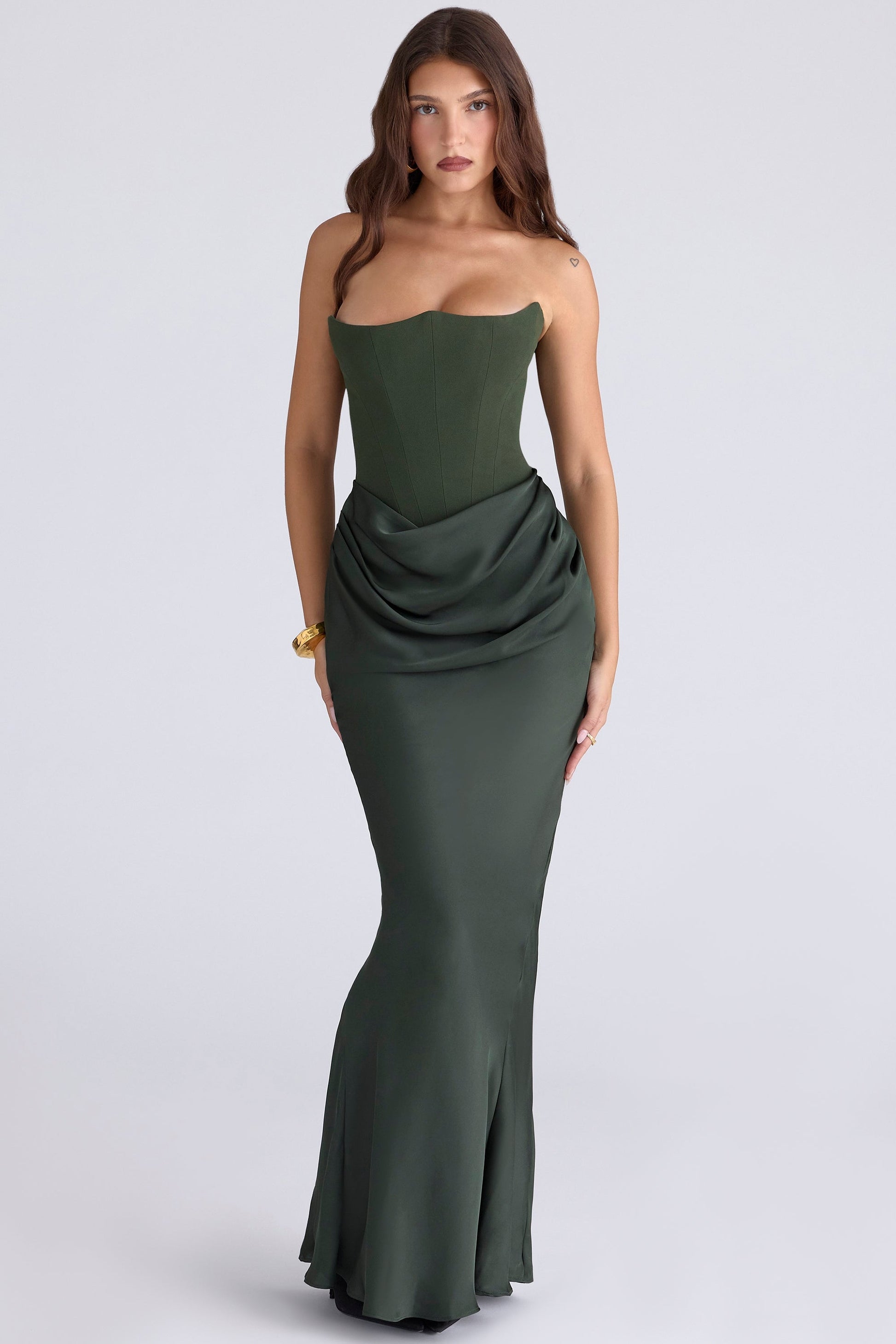 Full-length Samira Draped Maxi Dress in dark olive green, strapless with a structured corset bodice and elegant draped skirt detail.