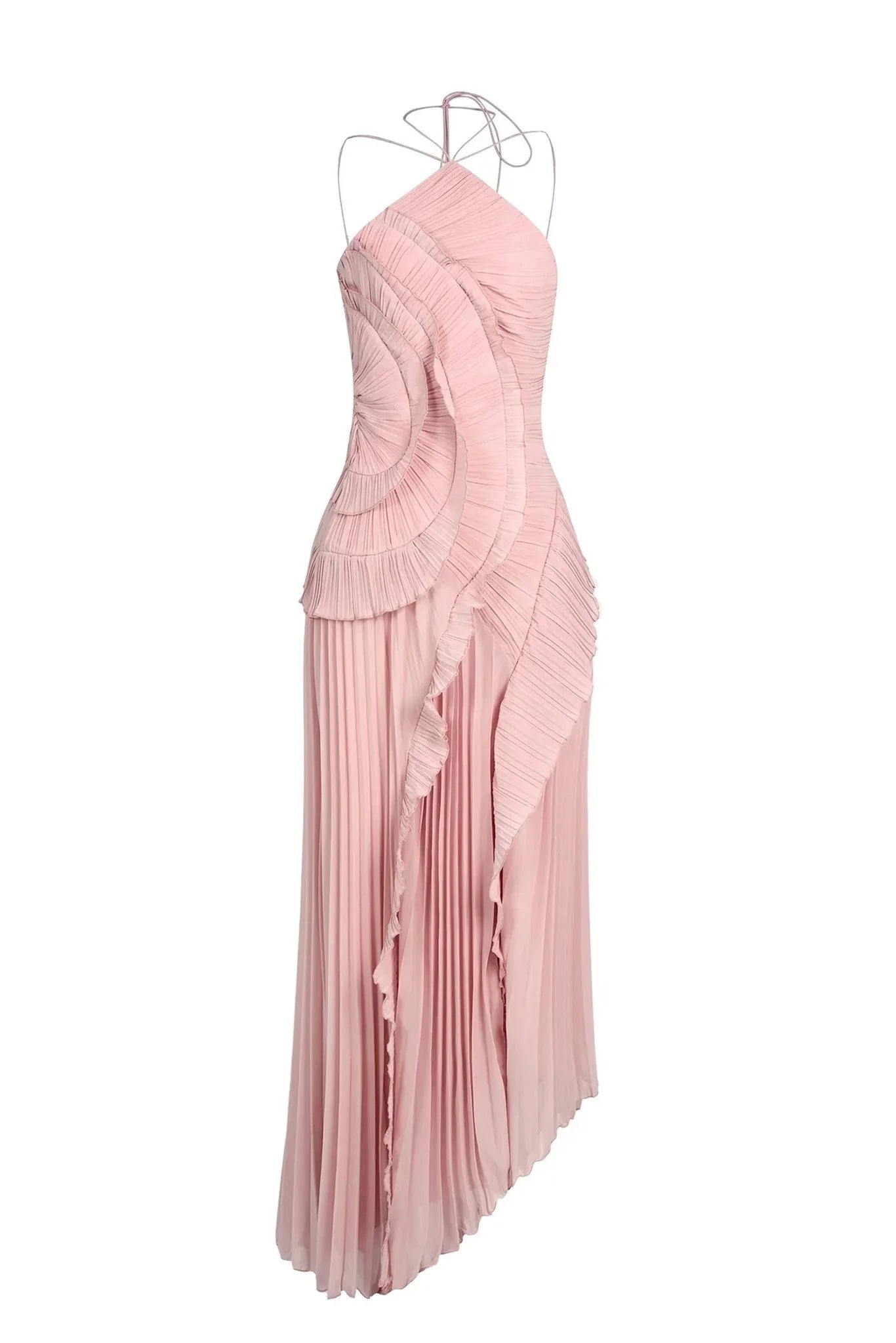 Front view of the pink Serena ruffle pleat midi dress with a halter neckline and cascading ruffles