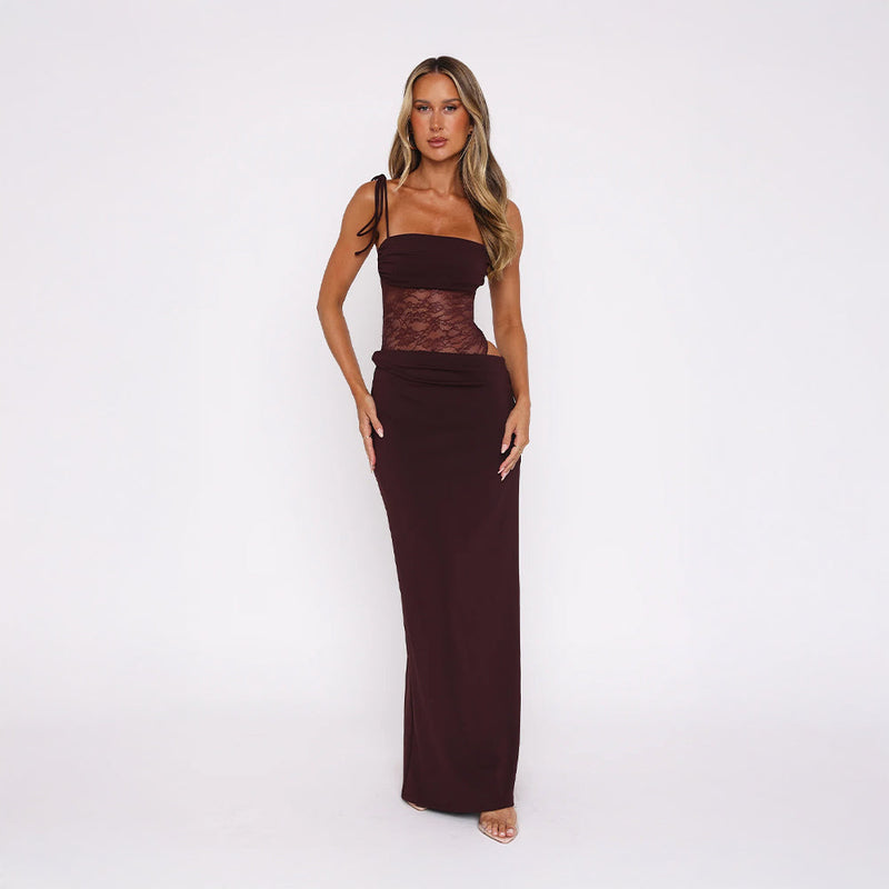 Burgundy lace maxi dress with side cutouts and tie straps — front view.